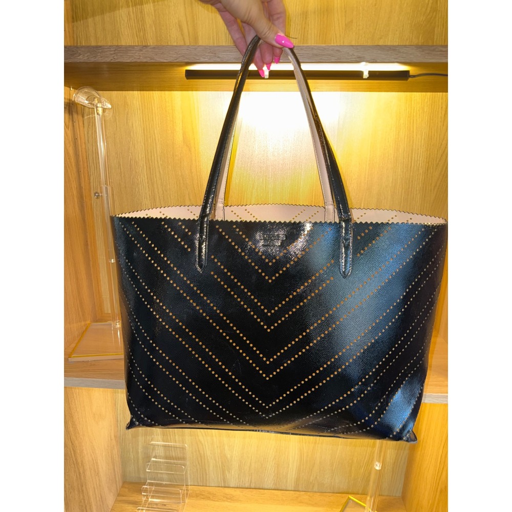 Victorias Secret Black Perforated Chevron Tote Bag Laser Cut Shoulder Bag Glossy